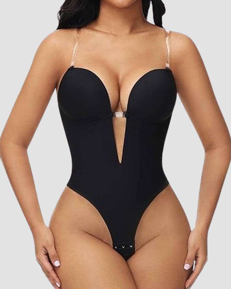 Plunge Backless Bodysuit Seamless Built In Bra Thong Shapewear