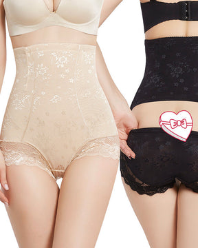 High Waist Jacquard  Tummy Control Lace Trim Body Shaper Panties With Back-Release