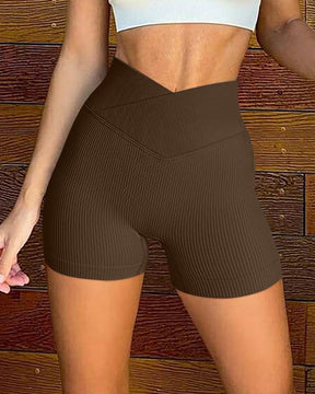 Ribbed V-Waist Workout Elastic Yoga Shorts Solid Slim Fit Leggings