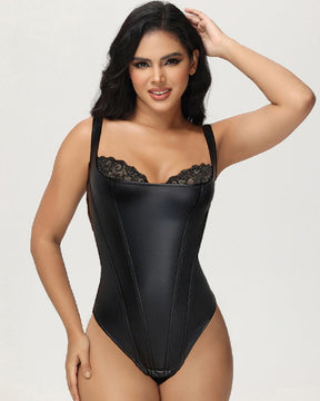 Shapewear Leather Lace Balconette Thong Sculpting Bodysuit