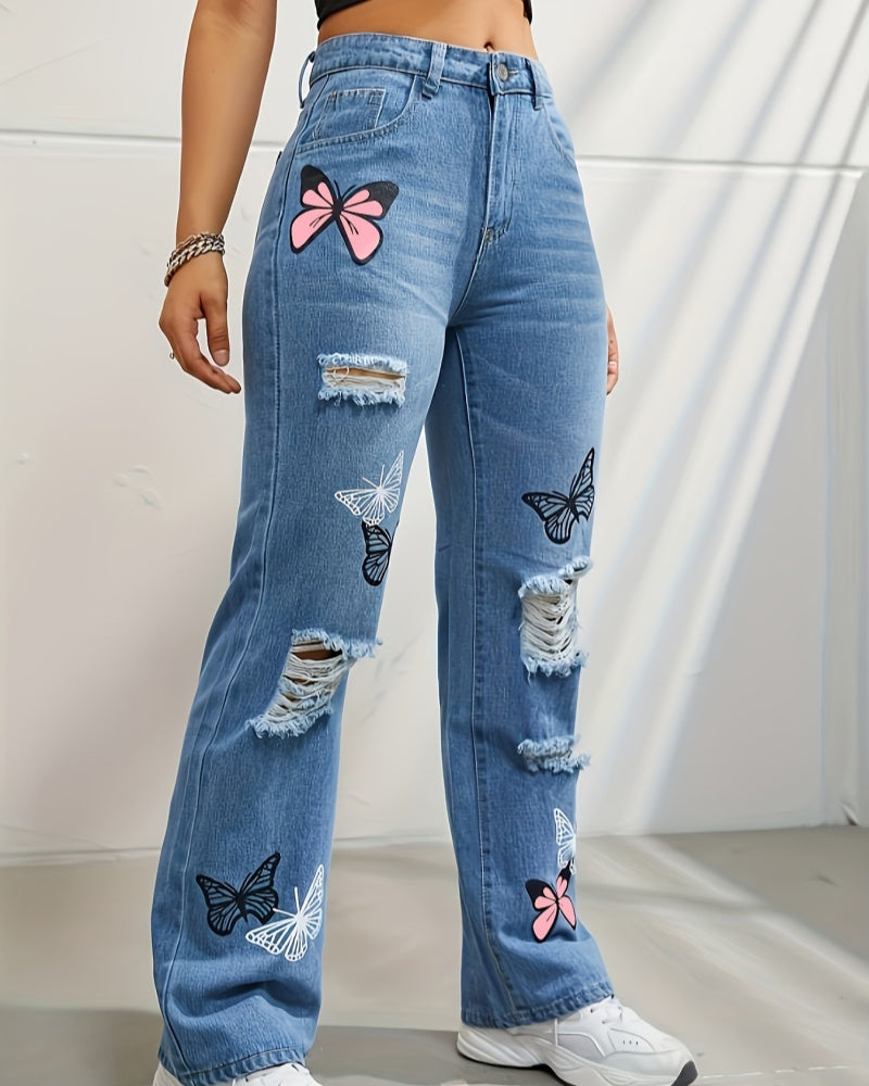 Butterfly Print Ripped Straight High Waist Contrast Jeans