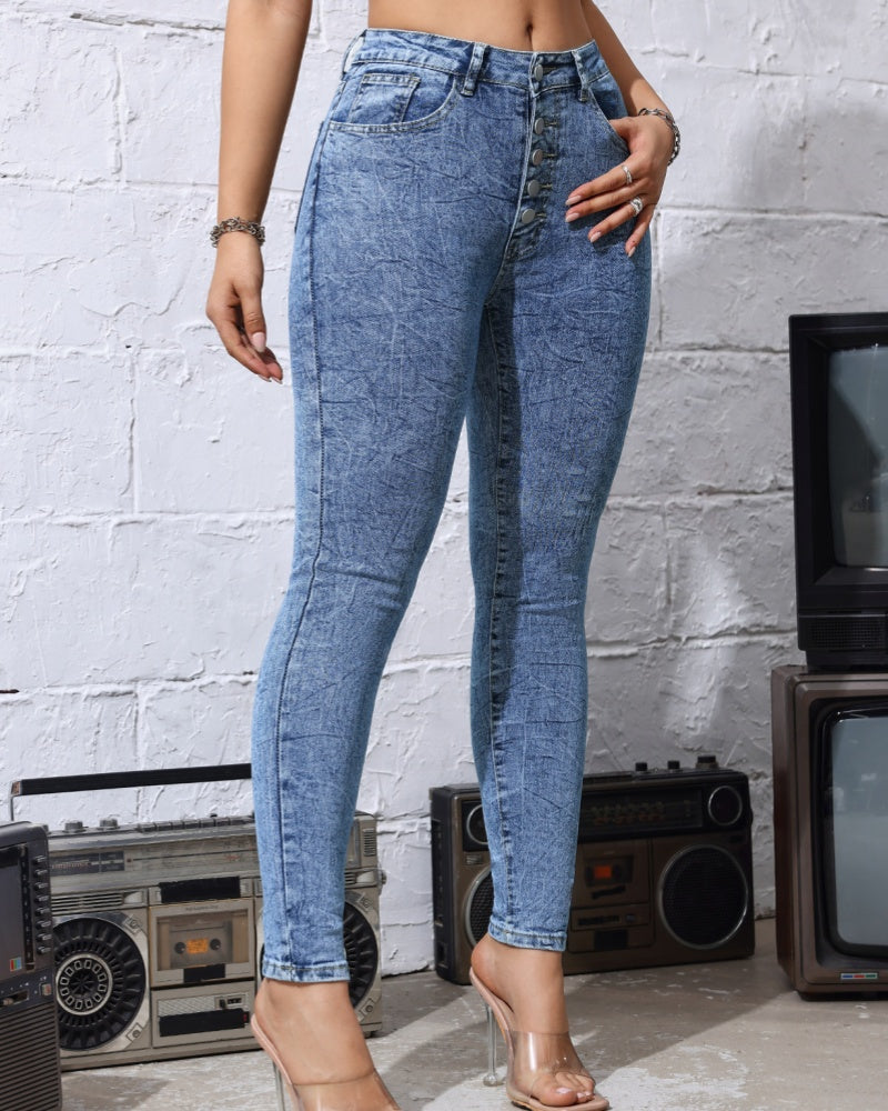 Washed Multi Button Stretch High Waisted Skinny Jeans for Women