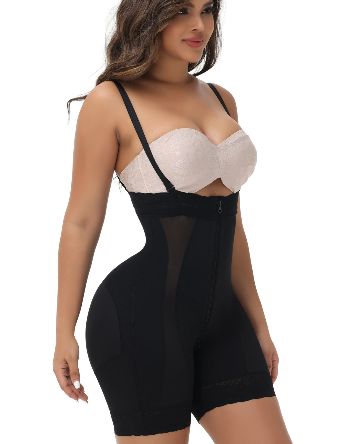 High Waist Zipper Tummy Control Shapewear Shorts With Detachable Straps