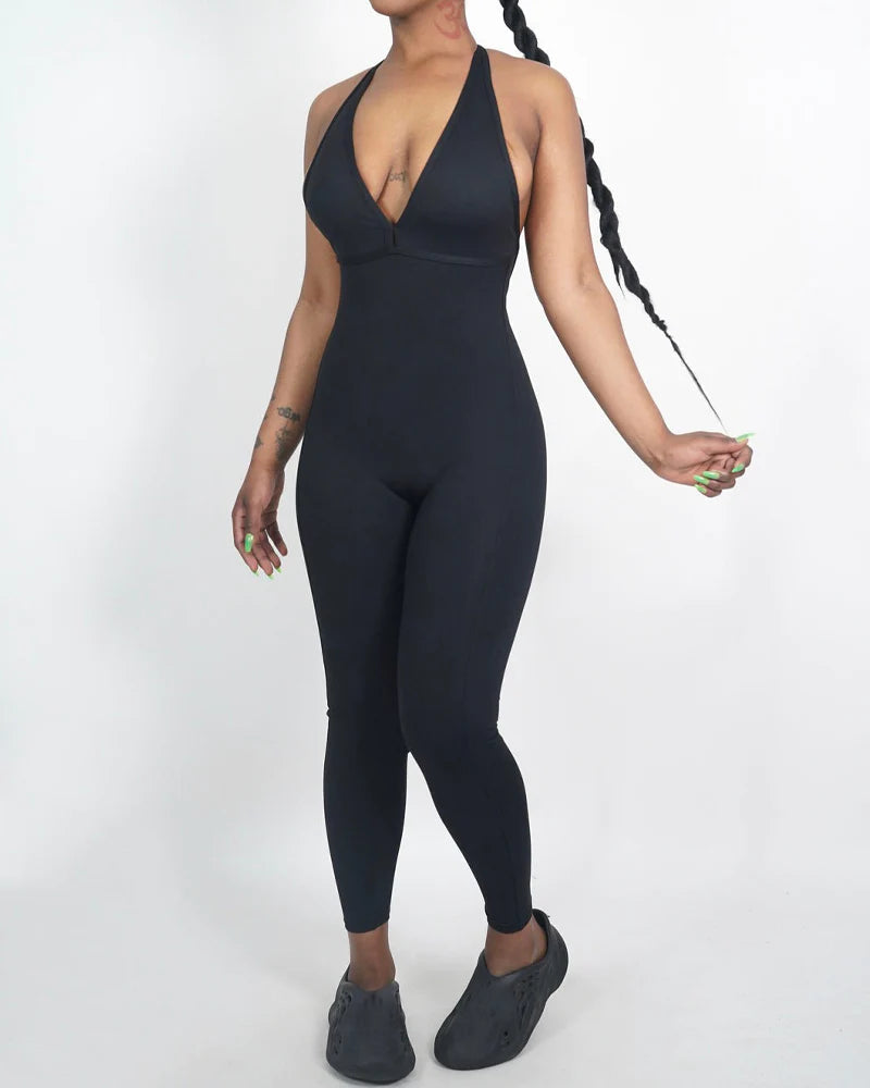 Backless Gym Sleeveless Long Rompers Casual Halter Jumpsuits