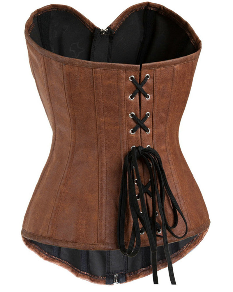 Women Leather Corsets Top Gothic Zipper Front Lace up Busk Bustiers