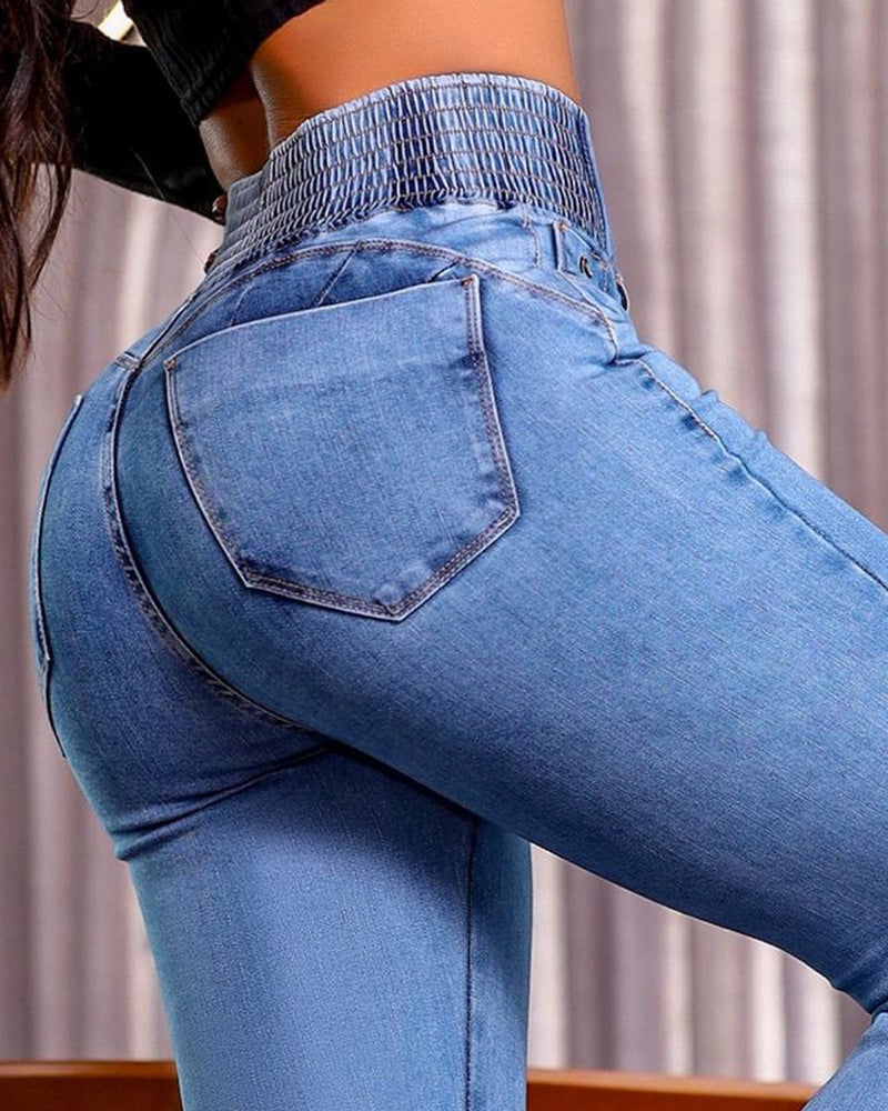 High Rise Skinny Flared Jeans With Elastic Waistband