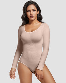 Seamless Crew Neck Long Sleeve Corset Bodysuit Tops Stretch Triangle Jumpsuit