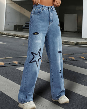 Embroidered High-wasit Straight-leg Wide-leg Jeans