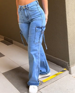 Women's Vintage Cargo Jeans Wide Leg Casual High Waisted Pants With Large Pockets