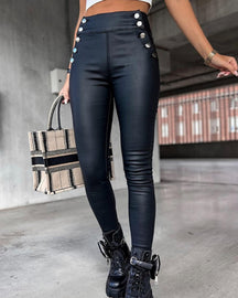 Sexy High Waist Stretchy Faux Leather Leggings Pants with Multi-button