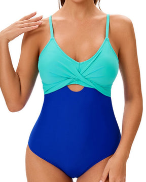 Sexy Suspender Color-blocked One-piece Swimwear Hourglass Figure