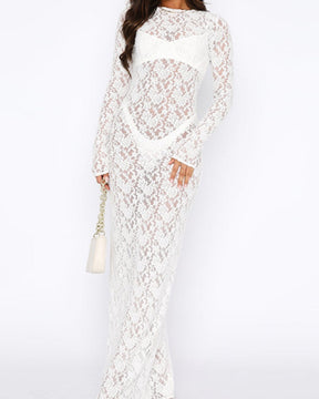 Sexy Lace See-through Long Sleeve Mid-length Dress for Women