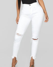 High-waisted Ripped Solid Skinny Jeans