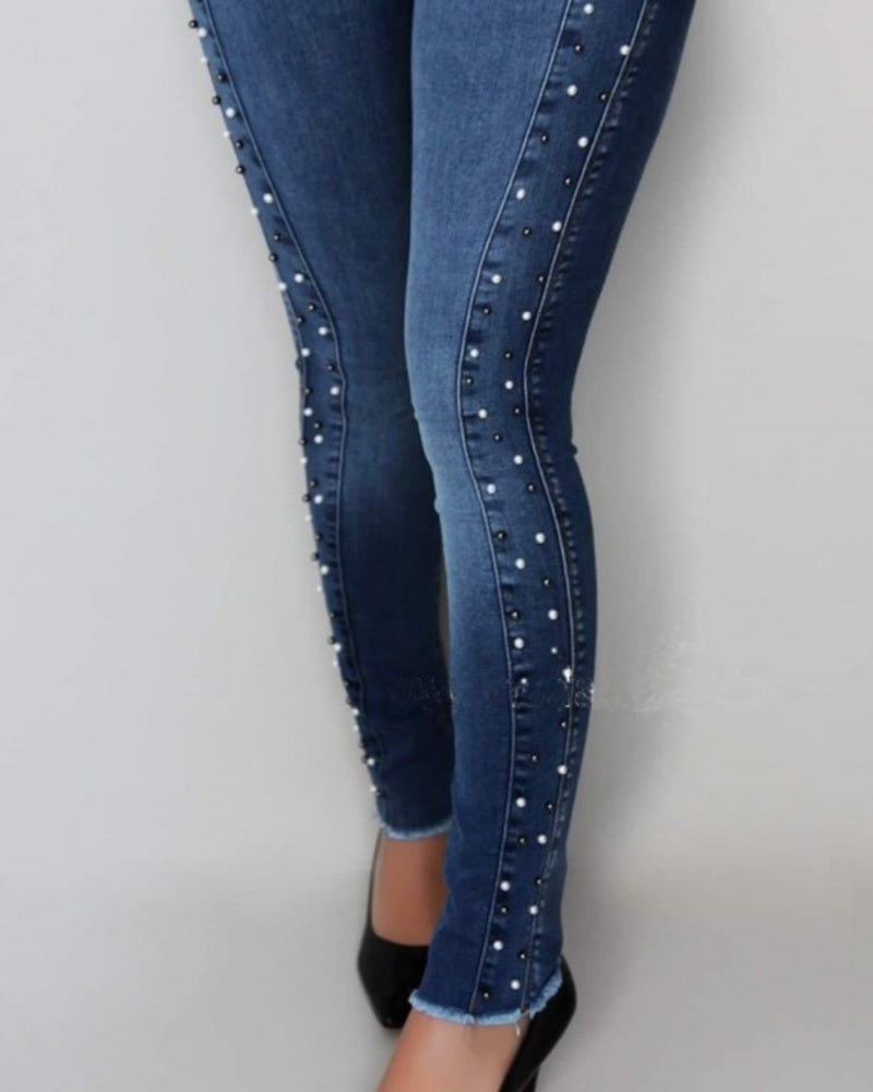 High waist Diamond Studded Beaded Hip Lift High Elastic Skinny Jeans