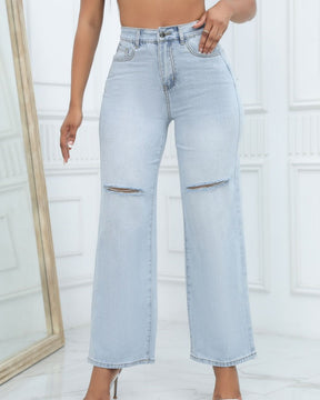 Versatile High Waist Ripped Wide Leg Jeans