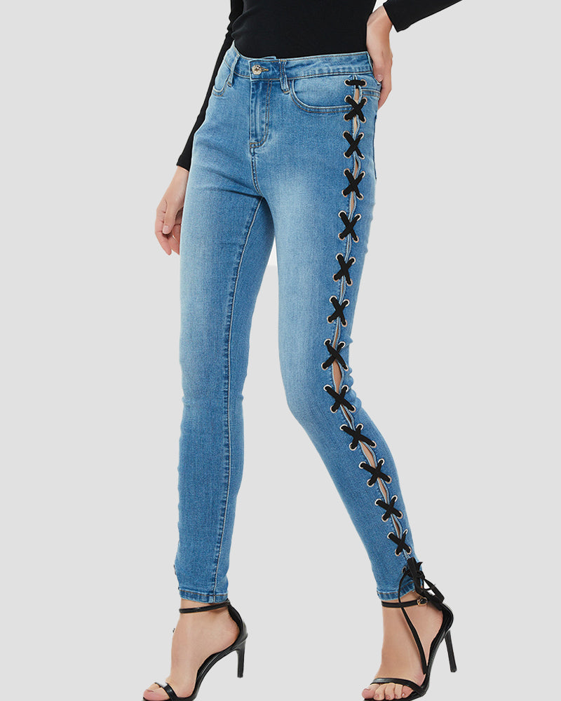 Sexy Side Cross Lace up Slim Jeans for Women