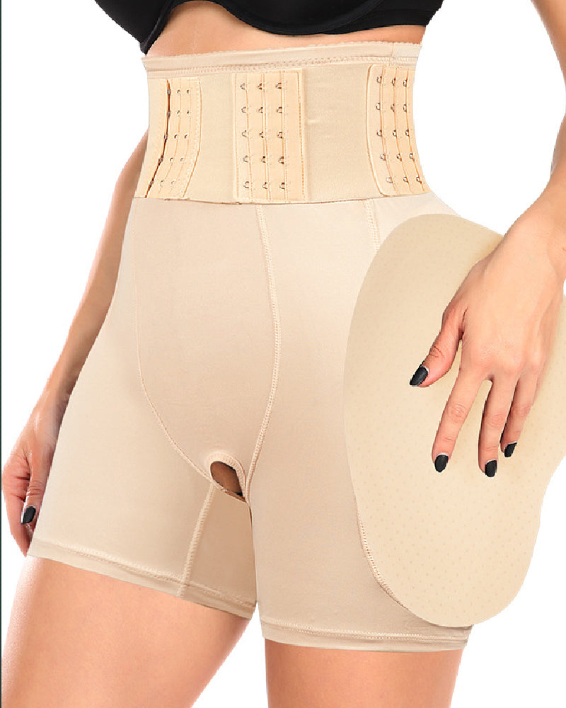 High Waist 9-row Adjustable Buckle Belt Shapewear Shorts With Sponge Pads