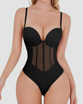 Sexy Mesh Shapewear Corset Backless Thong Bodysuit With Built-in Bra