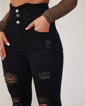 Fashion High Waist Multi-Breasted Ripped Jeans