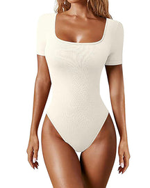 Women's Square Neck Sexy Ribbed Short Sleeve Thong Tummy Control Bodysuits