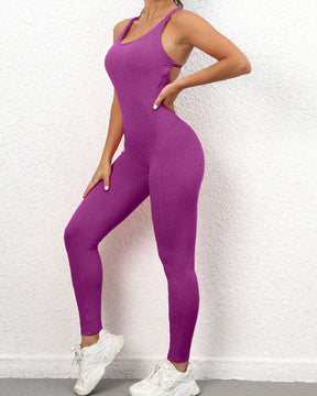 Sexy One Piece Sports Cross Beauty Back Multicolor Leggings Jumpsuit