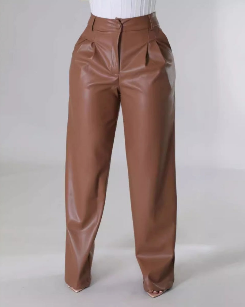 PU Leather Loose Wide-leg Pocket Casual Leather Pants