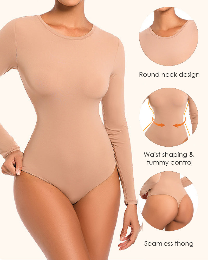 Women's Crew Neck Double Lined Long Sleeve Basic Stretchy Thong Bodysuit