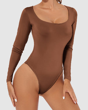 Women's Seamless Square Neck Long Sleeve Bodysuits Sculpting Thong Bottoming Shirt Body Shaper