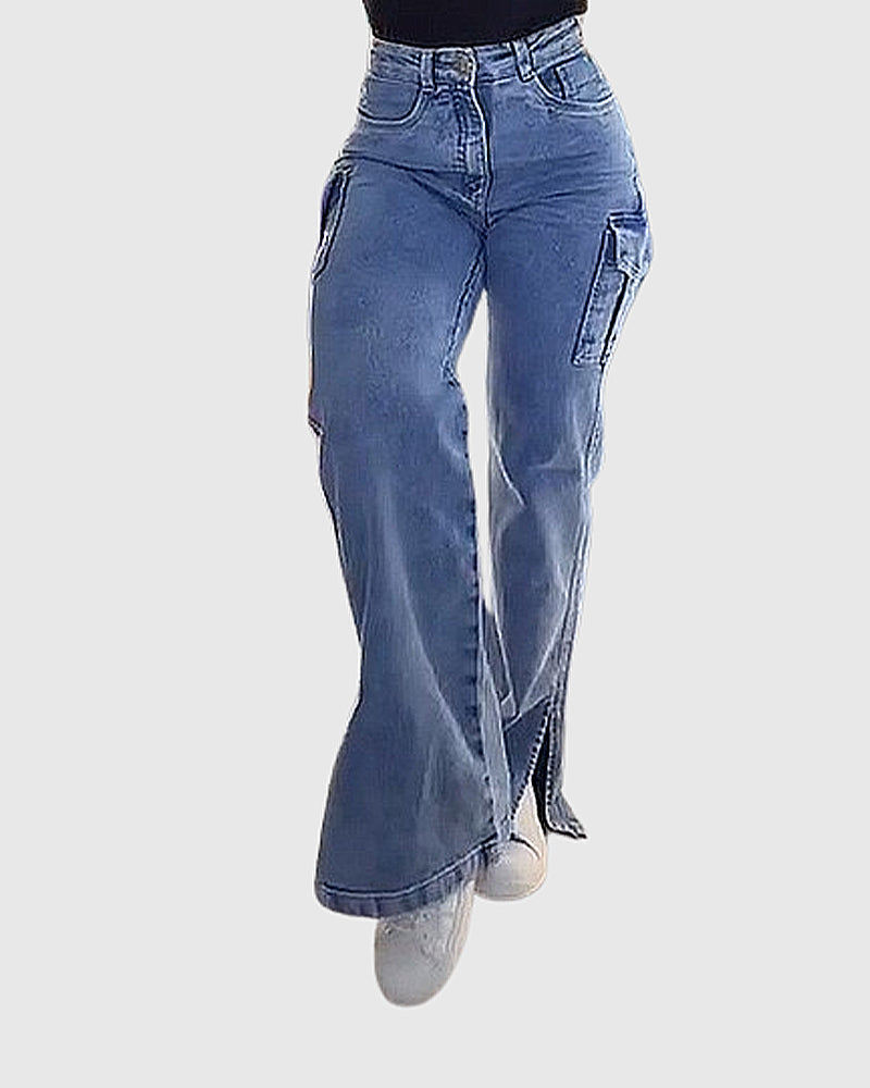 Women's Zipper Cargo Jeans with Side Slits