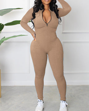 Women's Sexy Ribbed Long Sleeve Zipper Jumpsuits Casual Solid Bodycon Rompers