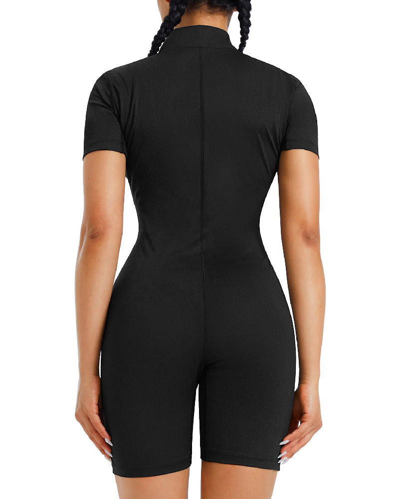 Women's Full Body Stand Collar Sauna Suit Zipper Short Sleeve Sweat Workout Jumpsuit