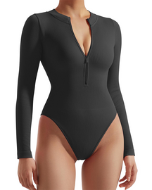 Zipper Front Long Sleeve Sexy Ribbed Triangle Bodysuit