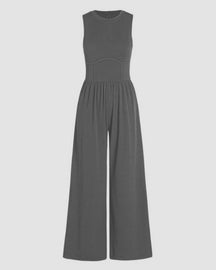 Round Neck Vest High Waist Jumpsuit Wide Leg Pants