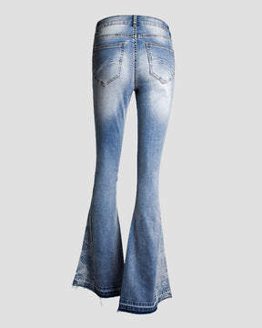 Casual  Mid Waist Tummy Control Flared Jeans with with Embroidered Patches